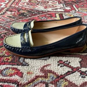 Kate Spade Patent Leather Cody Penny Loafer Navy & Cream Beige, Size 8 Narrow